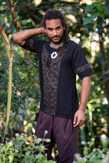 Mens WASKA Top Black Sacred Plant Shipibo Shaman Pattern T Shirt Shamanic Neo Tribal Gypsy Ritual Festival Ceremony Ethnic Handmade AJJAYA