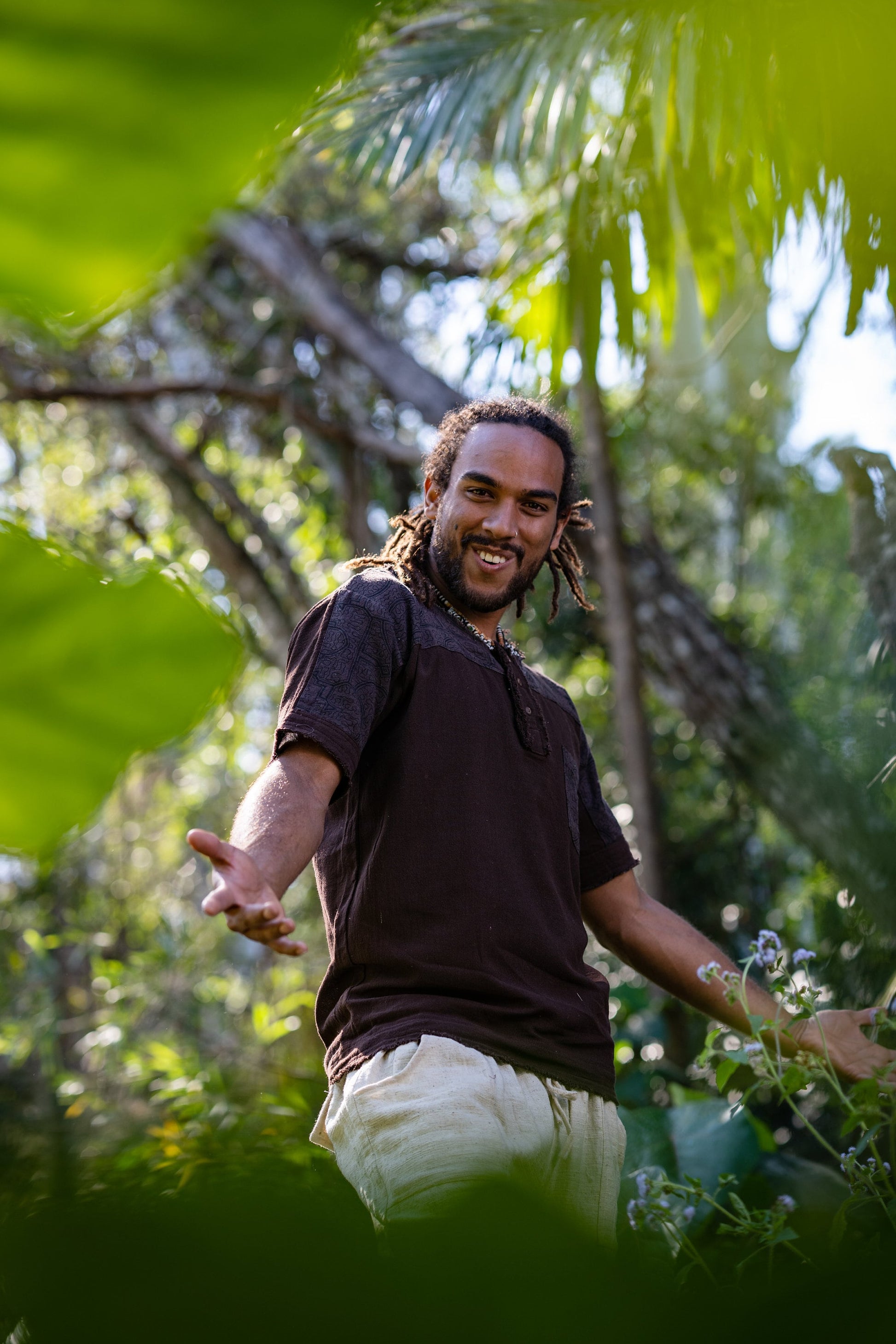 Mens ASURA Top Brown Sacred Plant Shipibo Pattern Pocket T Shirt Shamanic Neo Tribal Gypsy Ritual Shaman Ethnic Handmade AJJAYA
