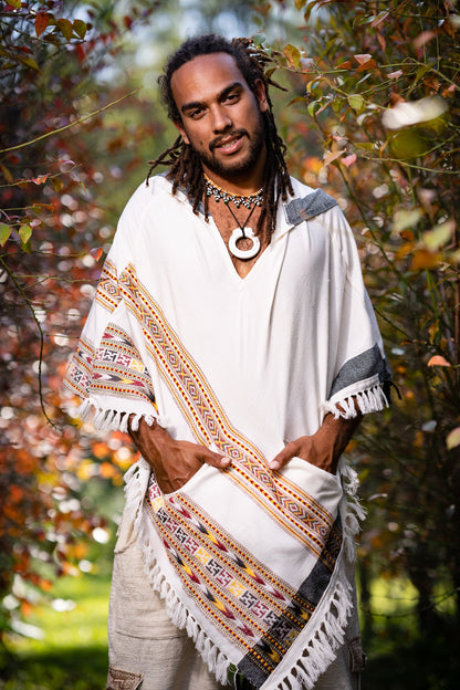 SAMADHI Mens Poncho Pure White Large Hood Yak Wool and Acrylic Wool Blend Tribal Embroidery Celtic Patterns Shamanic Festival Mexican AJJAYA
