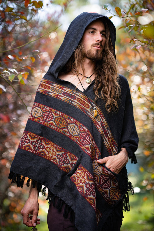 Men's Hooded Yak Wool Poncho Dark Grey Pockets Tribal Embroidery Celtic Gypsy Alternative Festival Rave Mexican Primitive Large Hood AJJAYA