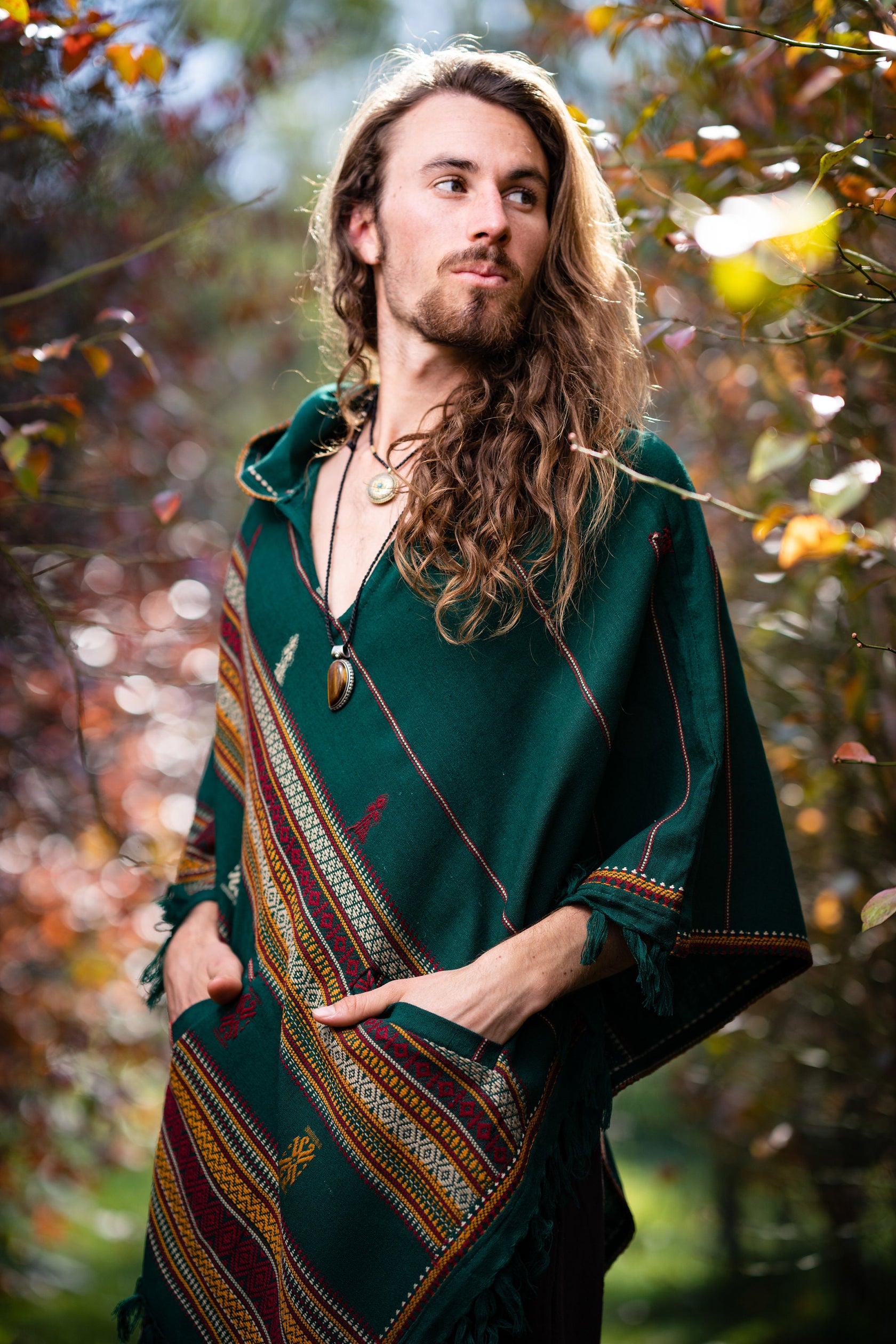 HODDI Mens Hooded Poncho Pockets Tribal Embroidery Celtic Festival Rave Mexican Primitive Large Hood AJJAYA