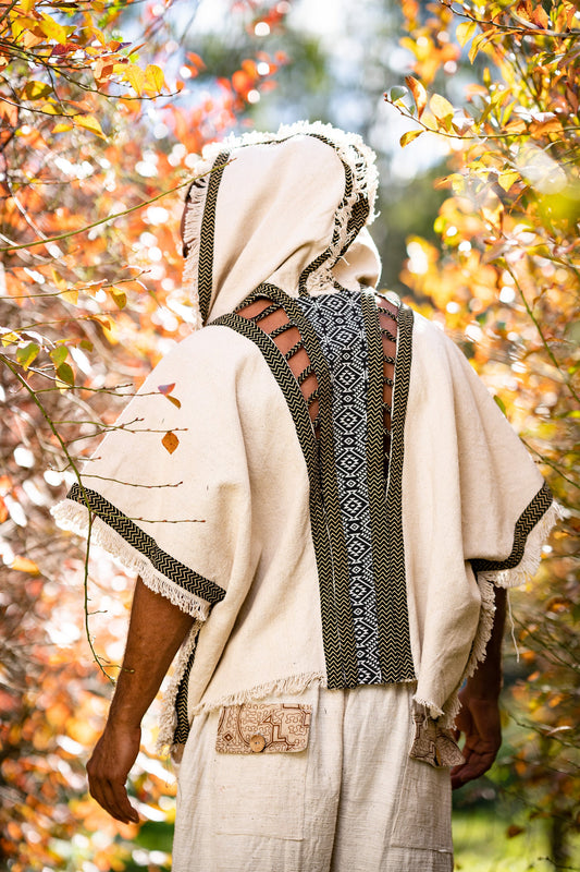 Mens Hooded Kimono Vest Beige Alchemist Wizard Sorcerer Tribal Ritual Ceremony Gypsy Festival Magic Magia Alchemy Primitive Rave Boho AJJAYA