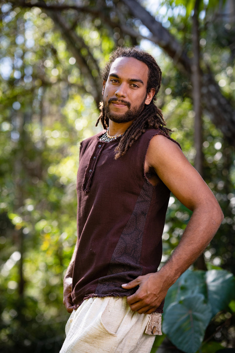 Neo SHIPIBO Brown Mens Gypsy Sleeveless Earthy Top T Shirt, Open Neck Tank Tribal Jungle Primitive Festival Rave AJJAYA Nomadic Primitive