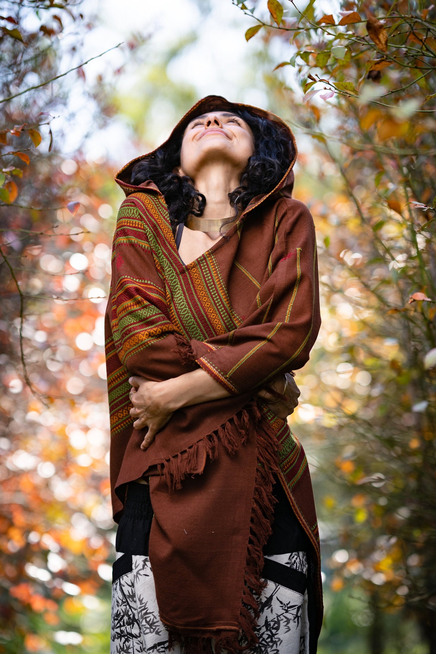 Womens Hooded Poncho Brown Cashmere Wool Hood, Earthy Tribal Embroidery Festival Gypsy AJJAYA Rave Primitive Nomadic Mexican with pockets