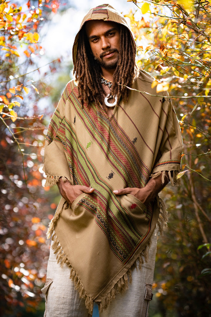 Mens Hooded Poncho Desert Sand Brown Cashmere Wool