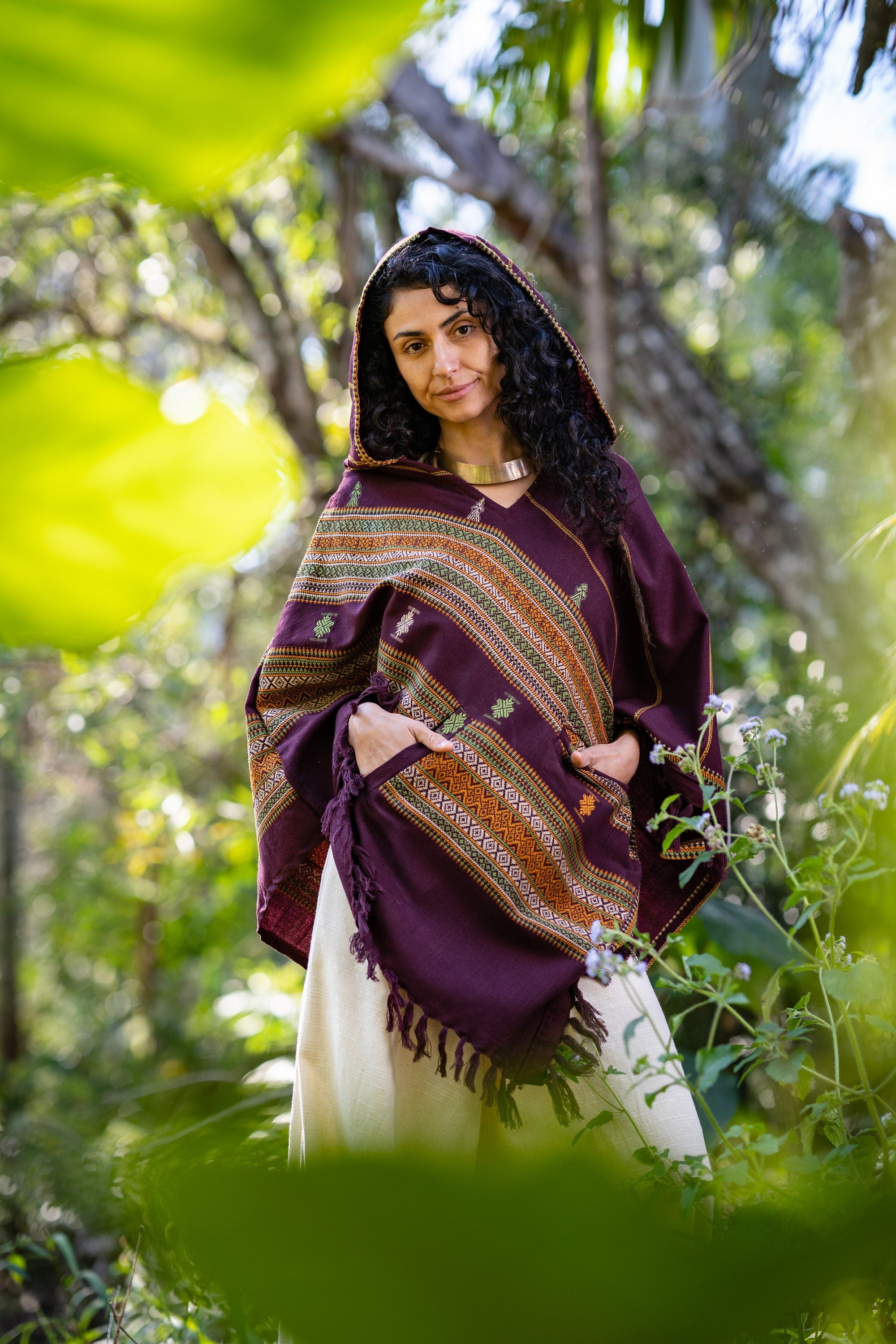 HODDI Women Hooded Poncho Indigo Purple Maroon Cashmere and Acrylic Hypoallergenic Wool Hood Pockets Tribal Embroidery AJJAYA Primitive