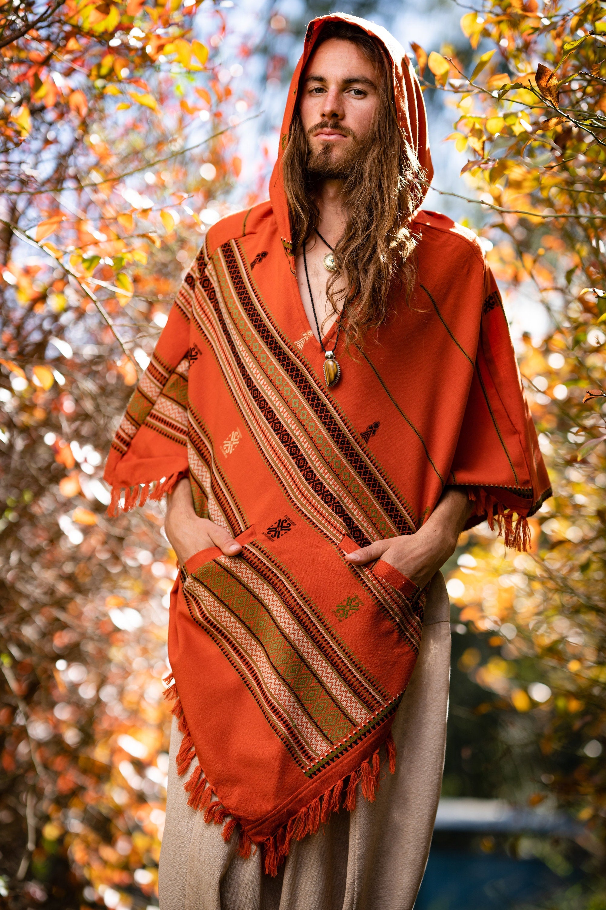 HODDI Mens Orange Hooded Cashmere and Acrylic Wool Poncho Hood Pockets Earthy Tribal Pattern Festival AJJAYA Mexican Primitive Natural Boho