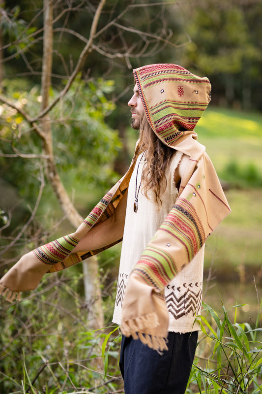 フード付きブラウンフード付きスカーフ刺繡部族パターンジプシージャングル遊牧民カシミアフェスティバル遊牧民原始土のレイブAJJAYAエスニック