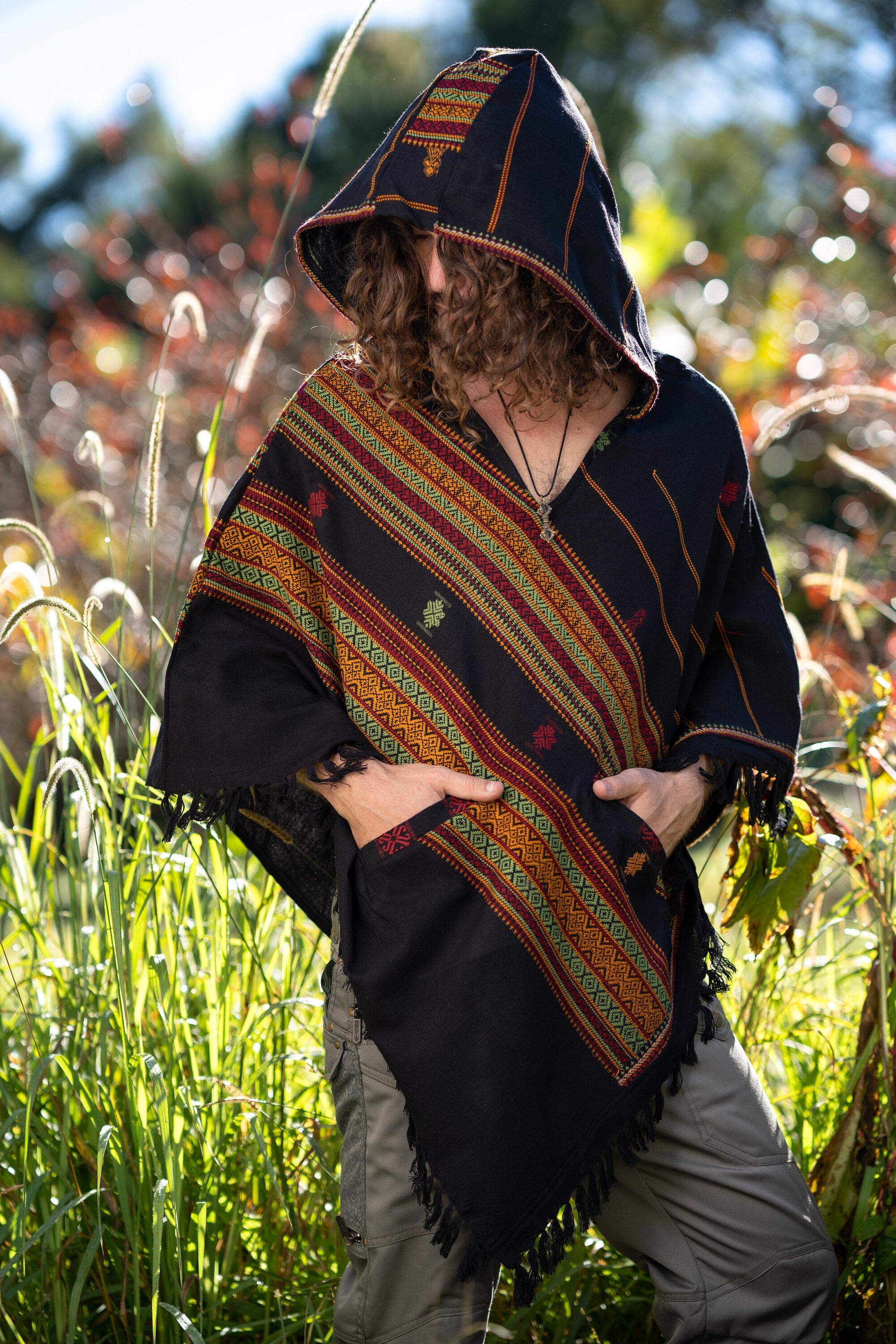 HODDI Unisex Hooded Black Poncho with Hood Cashmere and Acrylic Wool, Earthy Tribal Pattern Festival AJJAYA Boho Primitive Mexican pockets