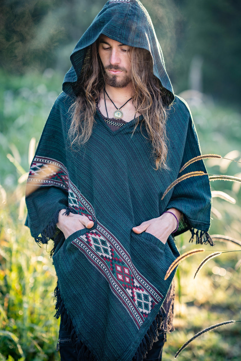 JHANA Mens Hooded Poncho Green Cashmere Yak Wool and Acrylic Wool Pockets Tribal Embroidery Celtic Festival Primitive Large Hood AJJAYA