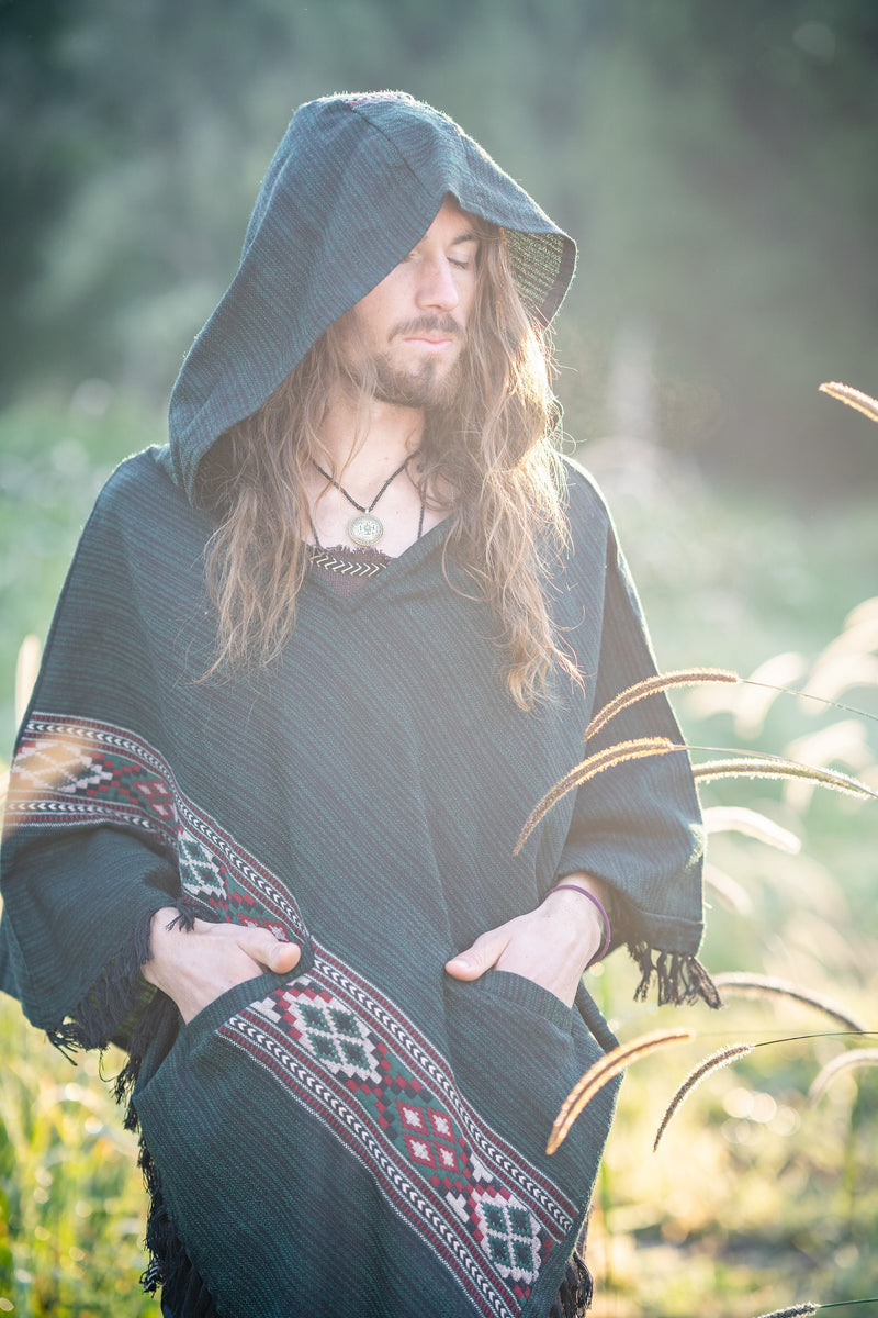 JHANA Mens Hooded Poncho Green Cashmere Yak Wool and Acrylic Wool Pockets Tribal Embroidery Celtic Festival Primitive Large Hood AJJAYA