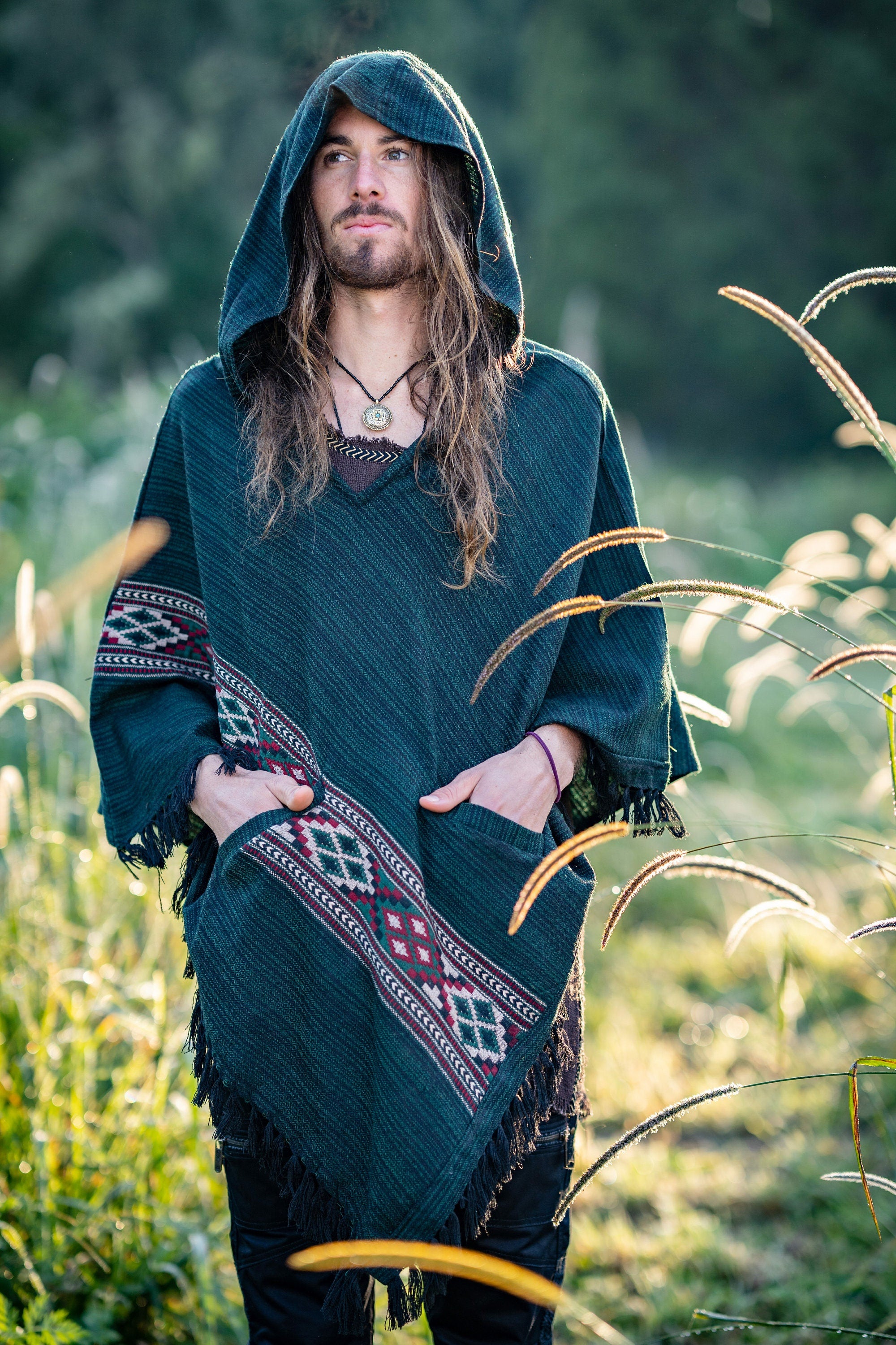 JHANA Mens Hooded Poncho Green Cashmere Yak Wool and Acrylic Wool Pockets Tribal Embroidery Celtic Festival Primitive Large Hood AJJAYA