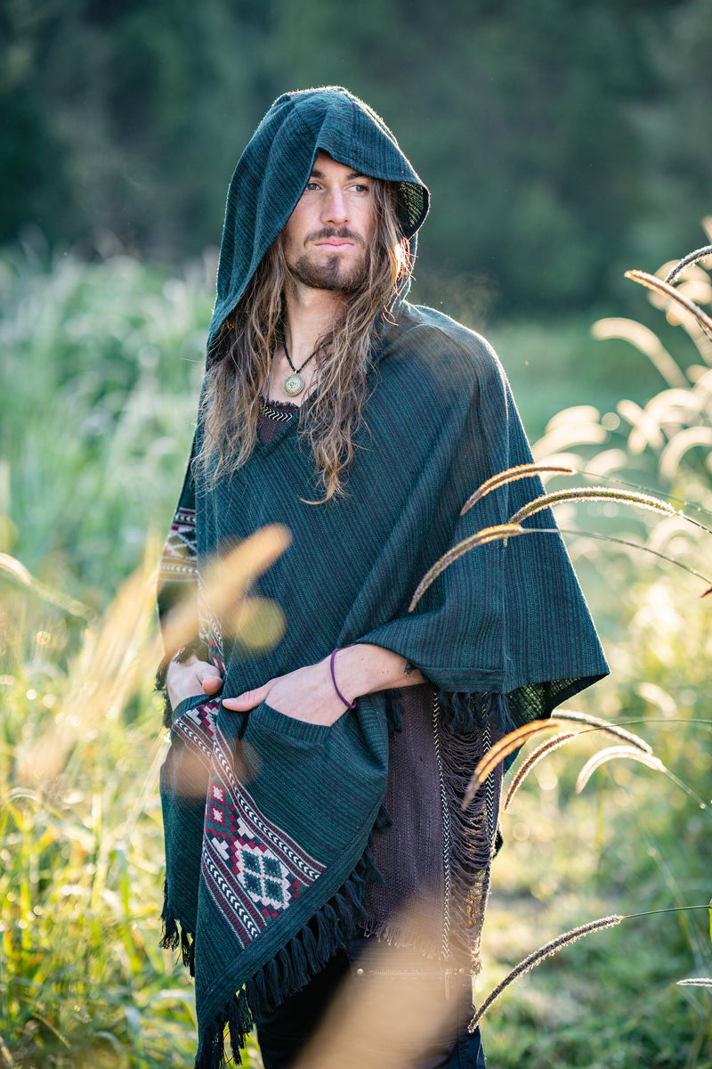 JHANA Mens Hooded Poncho Green Cashmere Yak Wool and Acrylic Wool Pockets Tribal Embroidery Celtic Festival Primitive Large Hood AJJAYA