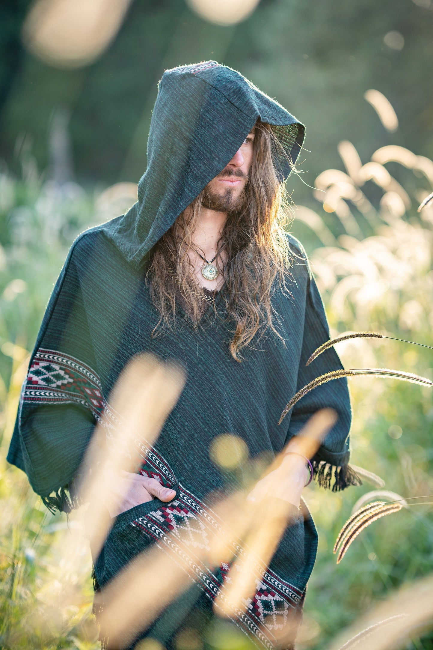 JHANA Mens Hooded Poncho Green Cashmere Yak Wool and Acrylic Wool Pockets Tribal Embroidery Celtic Festival Primitive Large Hood AJJAYA