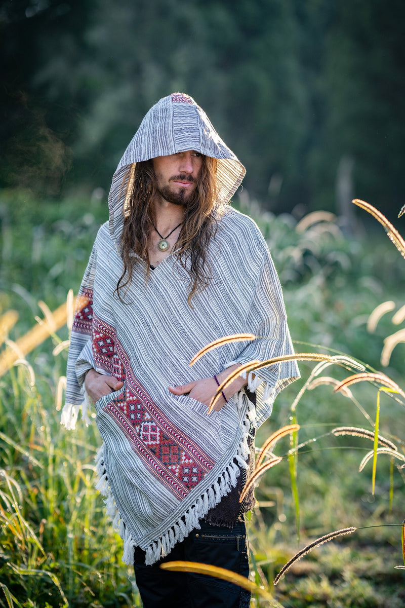 Poncho à capuche pour homme en laine de yak blanc et gris avec