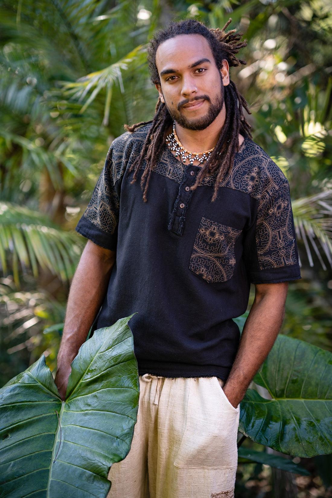 Mens ASURA Top Brown Sacred Plant Shipibo Pattern Pocket T Shirt Shamanic Neo Tribal Gypsy Ritual Shaman Ethnic Handmade AJJAYA main image 1