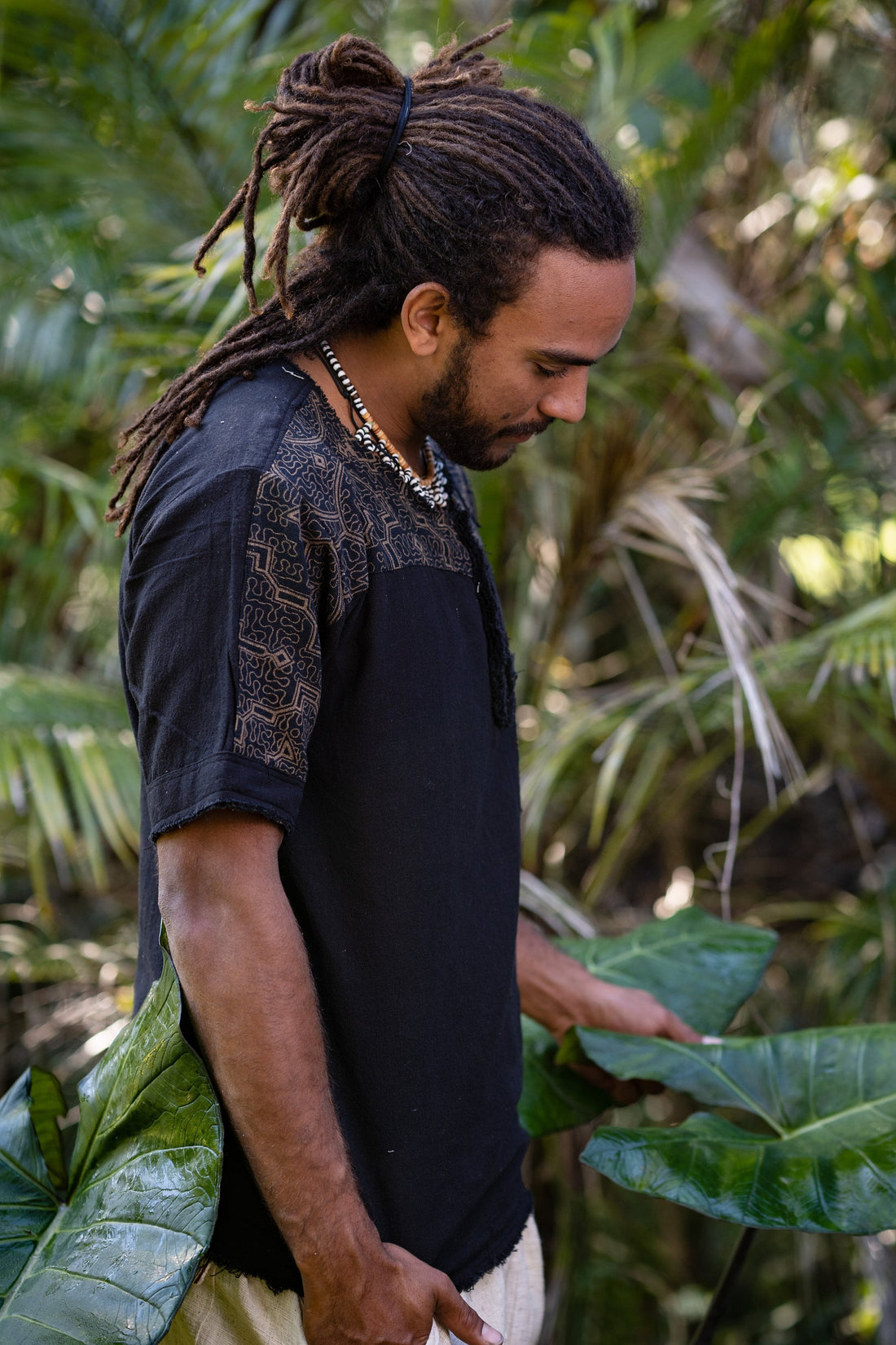 Mens ASURA Top Beige Brown Sacred Plant Shipibo Pattern Pocket T Shirt Shamanic Neo Tribal Gypsy Ritual Shaman Ethnic Handmade AJJAYA