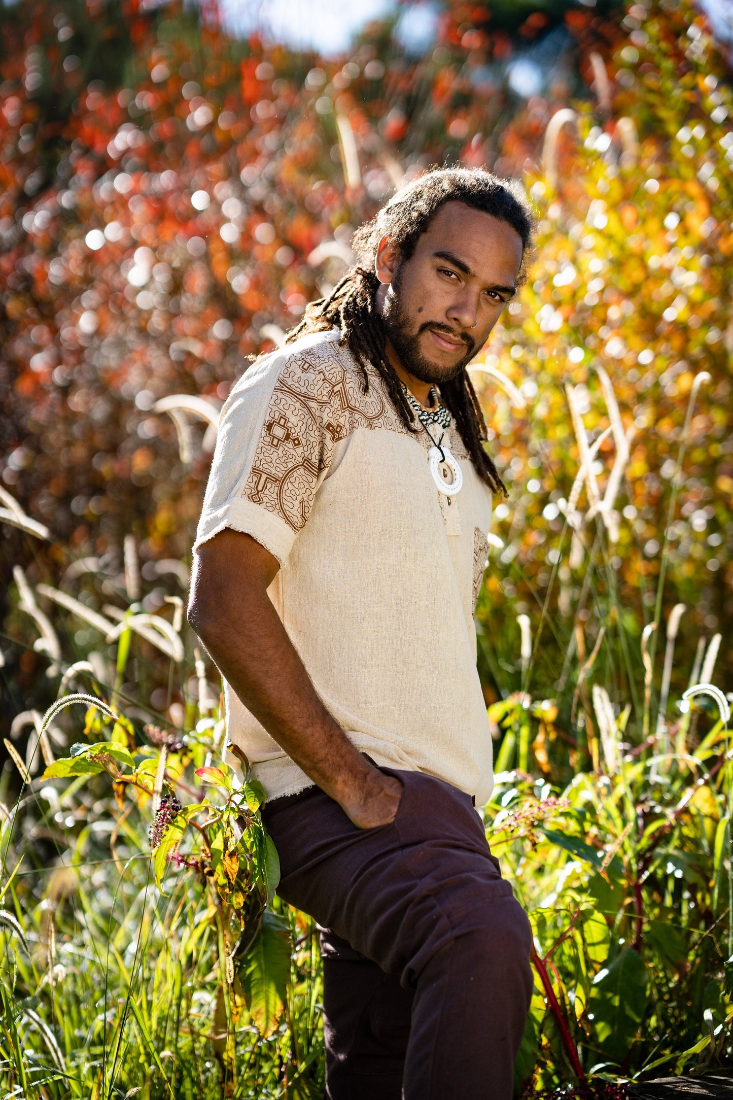 Mens ASURA Top Beige Brown Sacred Plant Shipibo Pattern Pocket T Shirt Shamanic Neo Tribal Gypsy Ritual Shaman Ethnic Handmade AJJAYA