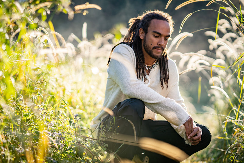 Mens Long Sleeve Top Handmade Neo Matrix Beige Apocalyptic Shirt, Gypsy Earthy Rugged Tribal Nomadic Ethnic Festival Rave Primitive AJJAYA