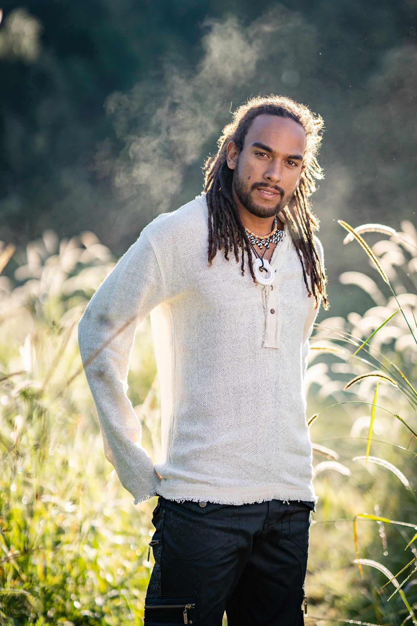 Mens Long Sleeve Top Handmade Neo Matrix Beige Apocalyptic Shirt, Gypsy Earthy Rugged Tribal Nomadic Ethnic Festival Rave Primitive AJJAYA