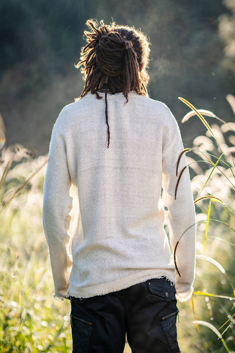 Mens Long Sleeve Top Handmade Neo Matrix Beige Apocalyptic Shirt, Gypsy Earthy Rugged Tribal Nomadic Ethnic Festival Rave Primitive AJJAYA