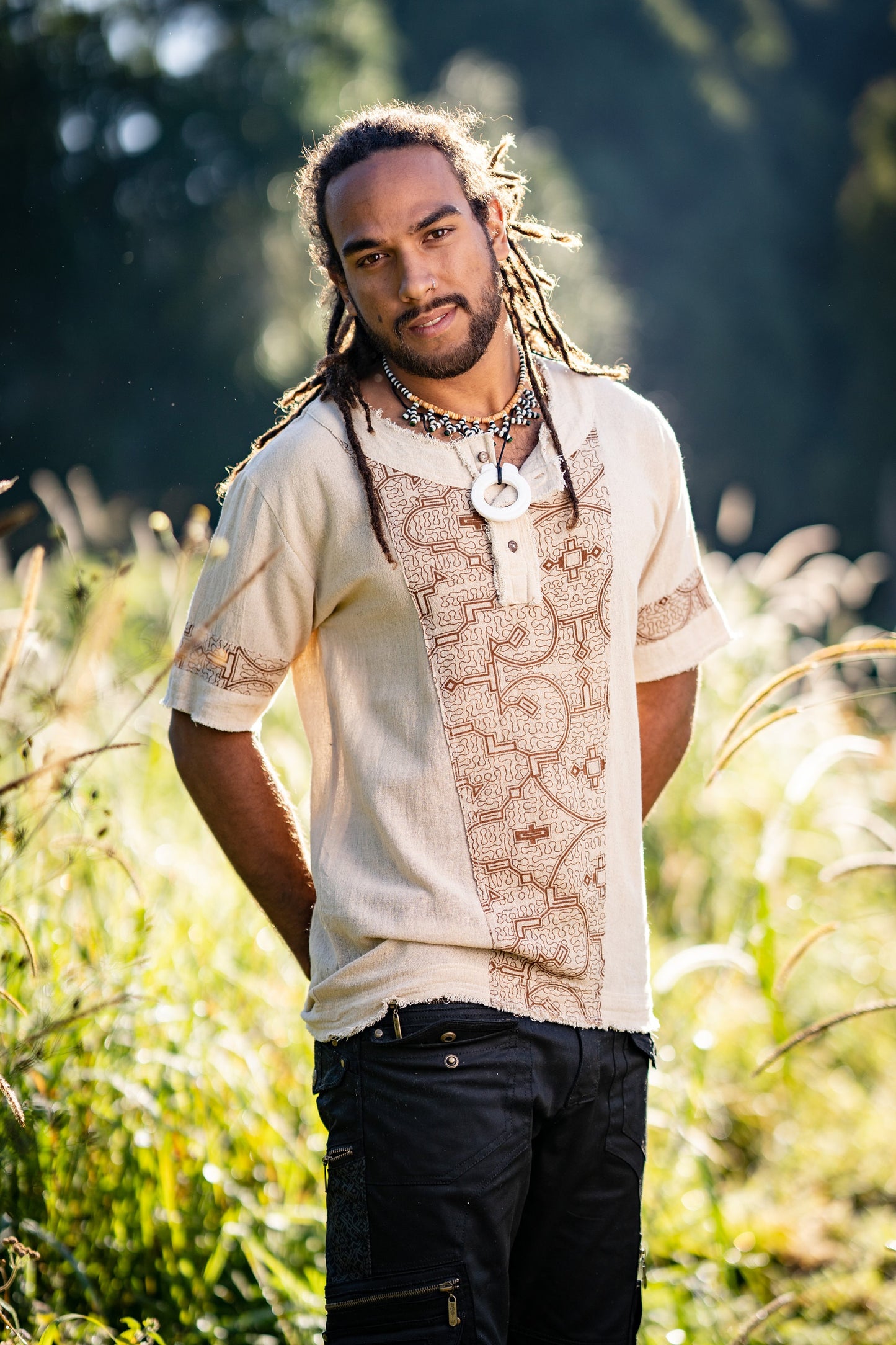 Mens WASKA Top Beige Brown Sacred Plant Shipibo Shaman Pattern T Shirt Shamanic Neo Tribal Gypsy Ritual Shaman Ethnic Handmade AJJAYA