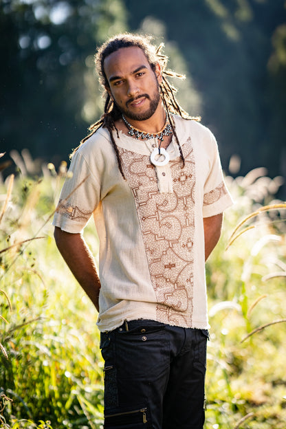Mens WASKA Top Beige Brown Sacred Plant Shipibo Shaman Pattern T Shirt Shamanic Neo Tribal Gypsy Ritual Shaman Ethnic Handmade AJJAYA