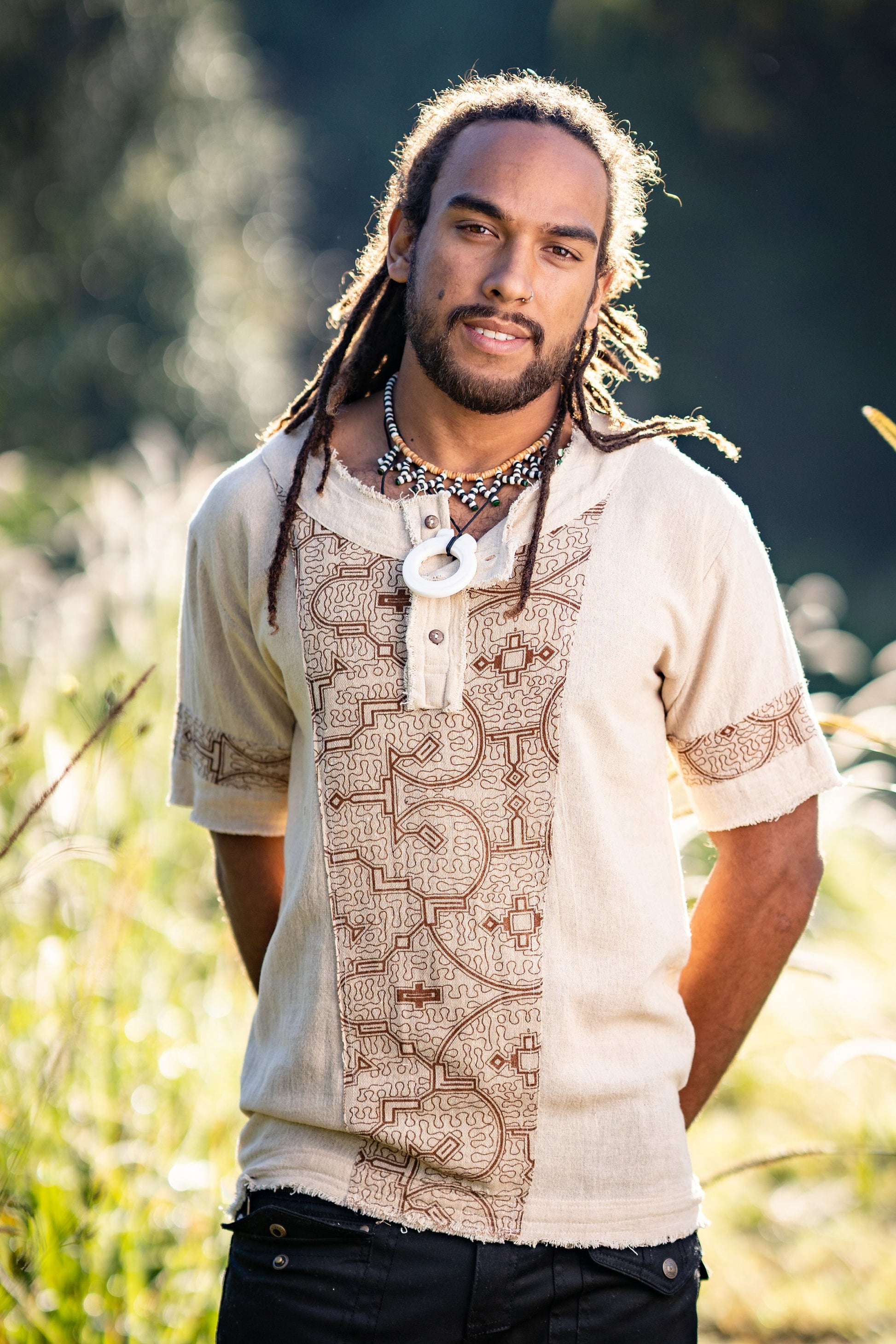 Mens WASKA Top Beige Brown Sacred Plant Shipibo Shaman Pattern T Shirt Shamanic Neo Tribal Gypsy Ritual Shaman Ethnic Handmade AJJAYA
