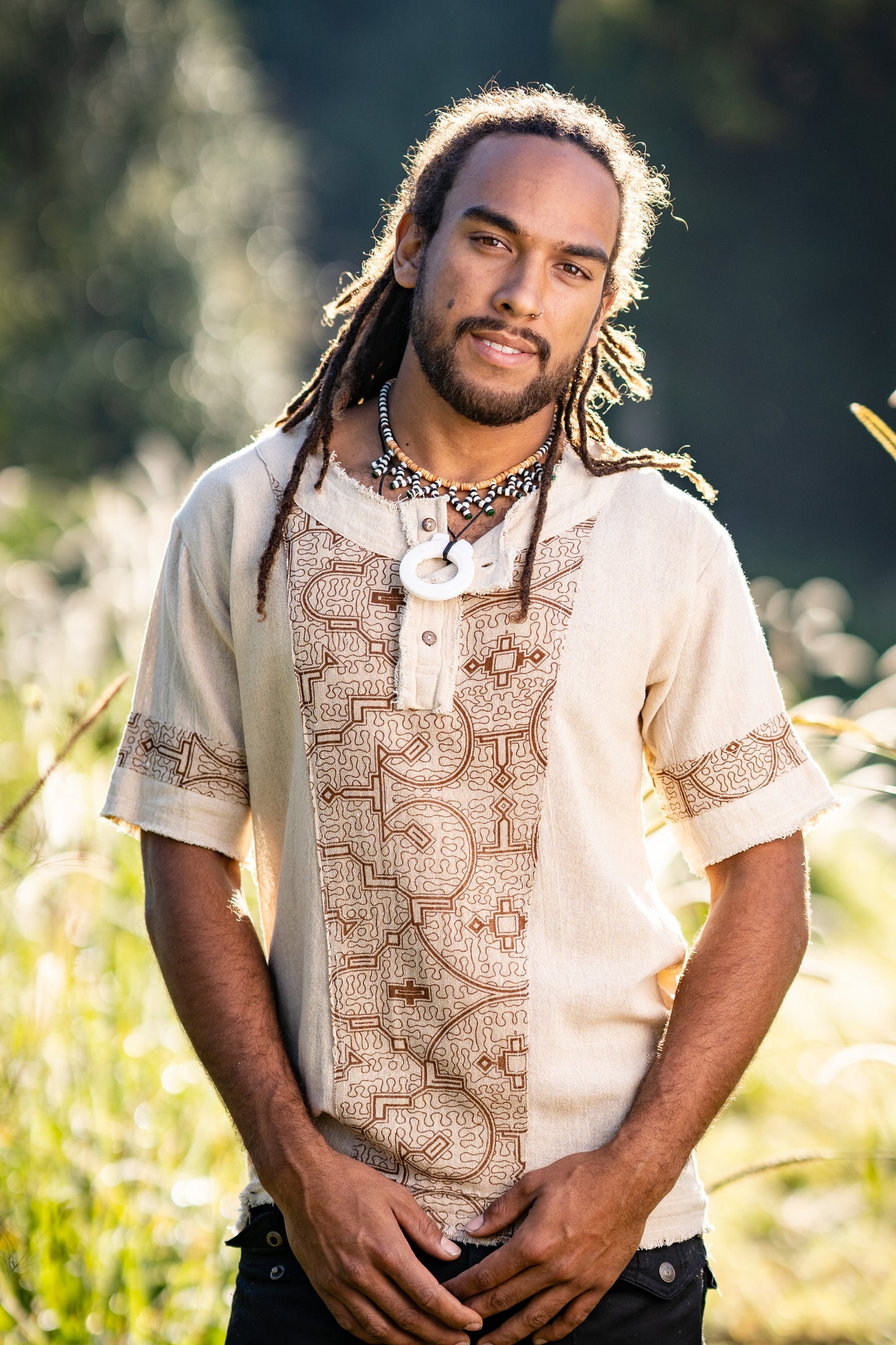 Mens WASKA Top Beige Brown Sacred Plant Shipibo Shaman Pattern T Shirt Shamanic Neo Tribal Gypsy Ritual Shaman Ethnic Handmade AJJAYA