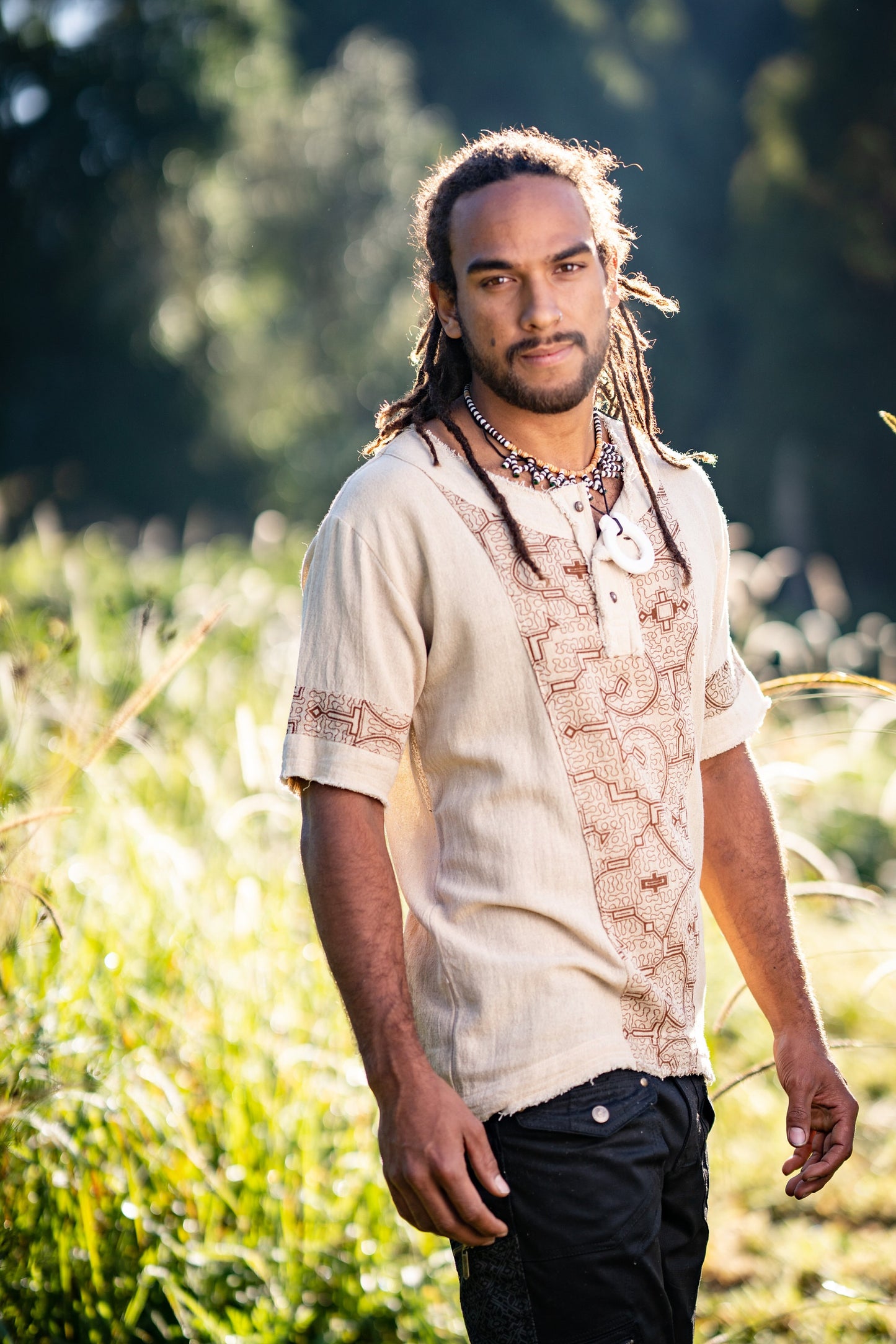 Mens WASKA Top Beige Brown Sacred Plant Shipibo Shaman Pattern T Shirt Shamanic Neo Tribal Gypsy Ritual Shaman Ethnic Handmade AJJAYA