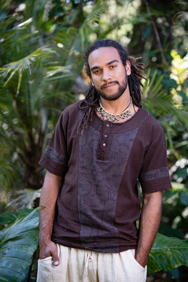 Mens WASKA Top Brown Sacred Plant Shipibo Shaman Pattern T Shirt Shamanic Neo Tribal Gypsy Ritual Festival Ceremony Ethnic Handmade AJJAYA