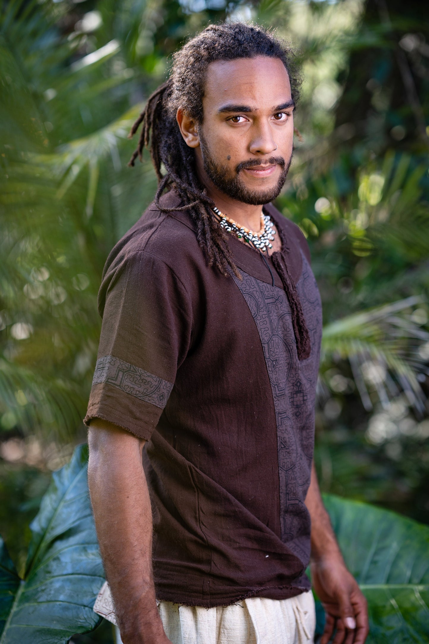 Mens WASKA Top Brown Sacred Plant Shipibo Shaman Pattern T Shirt Shamanic Neo Tribal Gypsy Ritual Festival Ceremony Ethnic Handmade AJJAYA