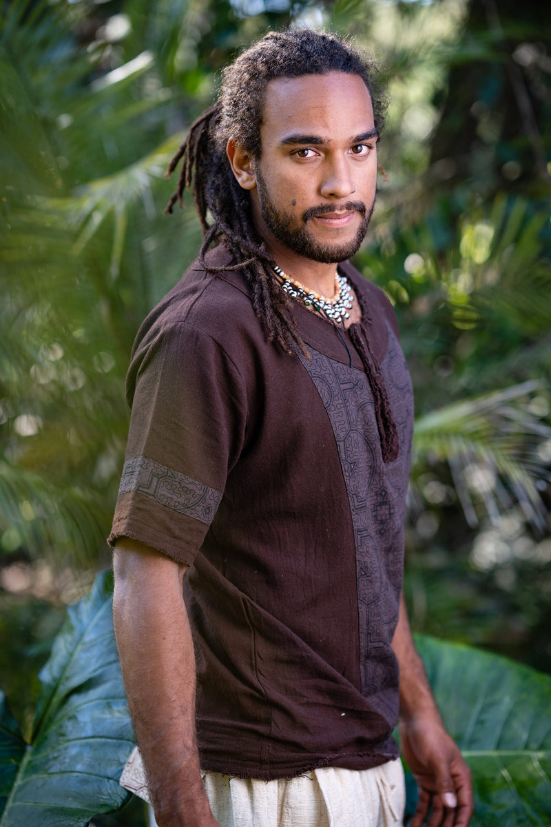 Mens WASKA Top Brown Sacred Plant Shipibo Shaman Pattern T Shirt Shamanic Neo Tribal Gypsy Ritual Festival Ceremony Ethnic Handmade AJJAYA