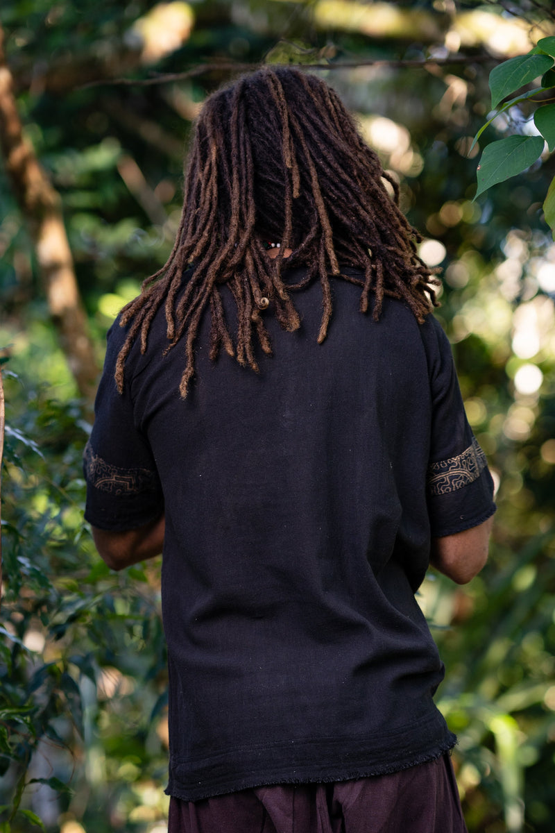 Mens WASKA Top Black Sacred Plant Shipibo Shaman Pattern T Shirt Shamanic Neo Tribal Gypsy Ritual Festival Ceremony Ethnic Handmade AJJAYA