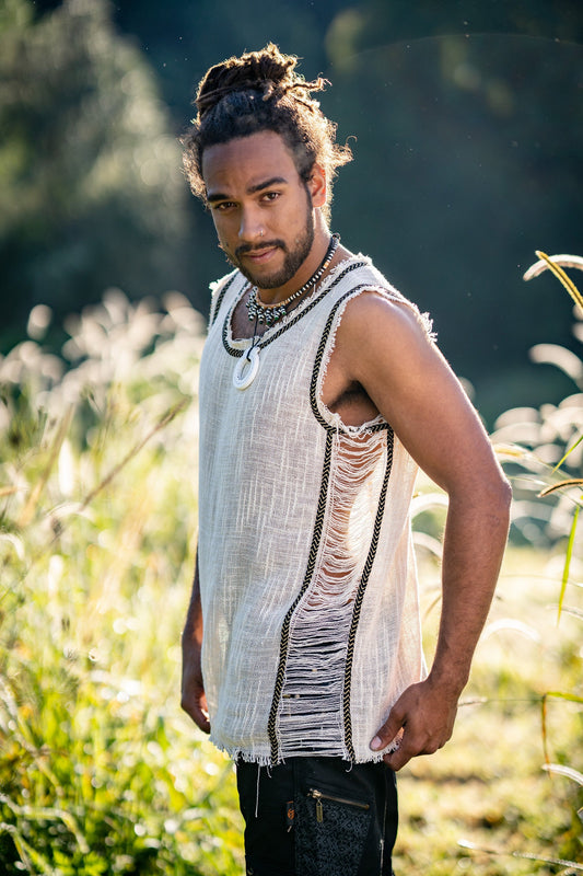 Men's Sleeveless Festival Top DHATU Cotton Shirt Slashed Open Sides Beige Semi See Through Breathable Tribal Gypsy Alternative Festival AJJAYA