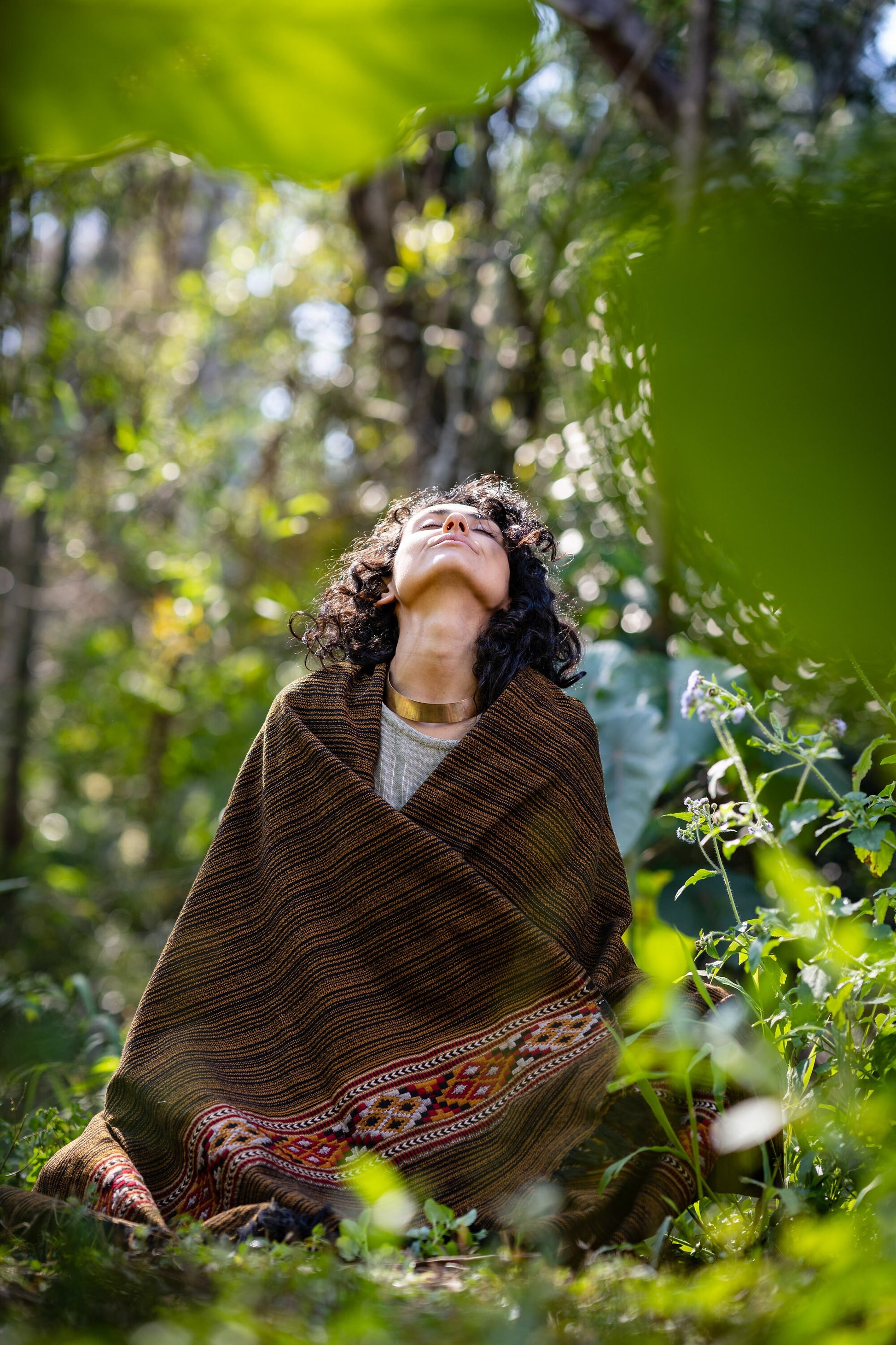JHANA Meditation Prayer Shawl Blanket Cosy Bronze and Black Cashmere Yak Wool and Acrylic Wool Tibetan Tribal Celtic Embroidery Zen AJJAYA