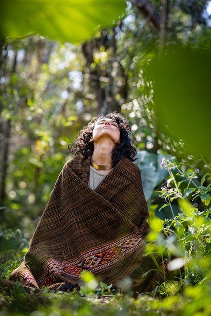 JHANA Meditation Prayer Shawl Blanket Cosy Bronze and Black Cashmere Yak Wool and Acrylic Wool Tibetan Tribal Celtic Embroidery Zen AJJAYA