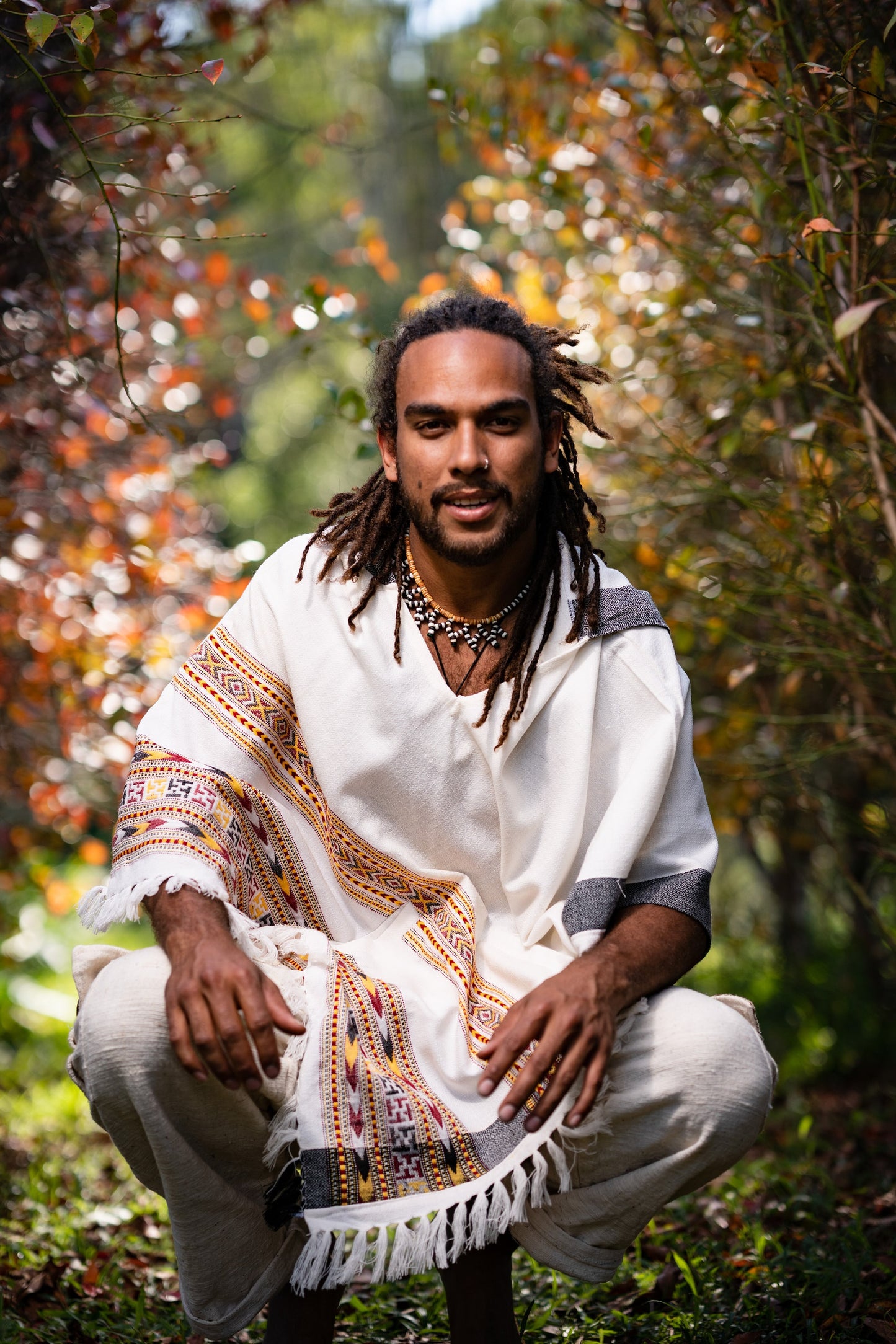 SAMADHI Mens Poncho Pure White Large Hood Yak Wool and Acrylic Wool Blend Tribal Embroidery Celtic Patterns Shamanic Festival Mexican AJJAYA