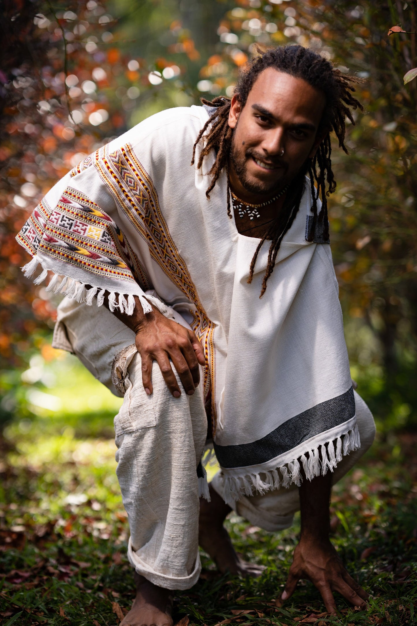 SAMADHI Mens Poncho Pure White Large Hood Yak Wool and Acrylic Wool Blend Tribal Embroidery Celtic Patterns Shamanic Festival Mexican AJJAYA