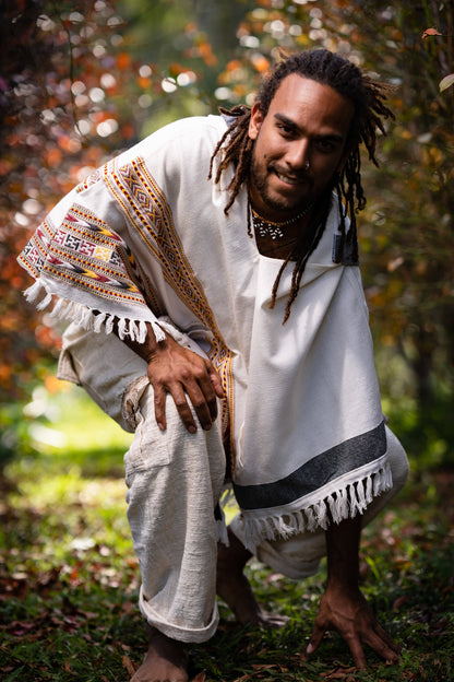 SAMADHI Mens Poncho Pure White Large Hood Yak Wool and Acrylic Wool Blend Tribal Embroidery Celtic Patterns Shamanic Festival Mexican AJJAYA