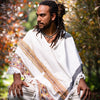 SAMADHI Mens Poncho Pure White Large Hood Yak Wool and Acrylic Wool Blend Tribal Embroidery Celtic Patterns Shamanic Festival Mexican AJJAYA