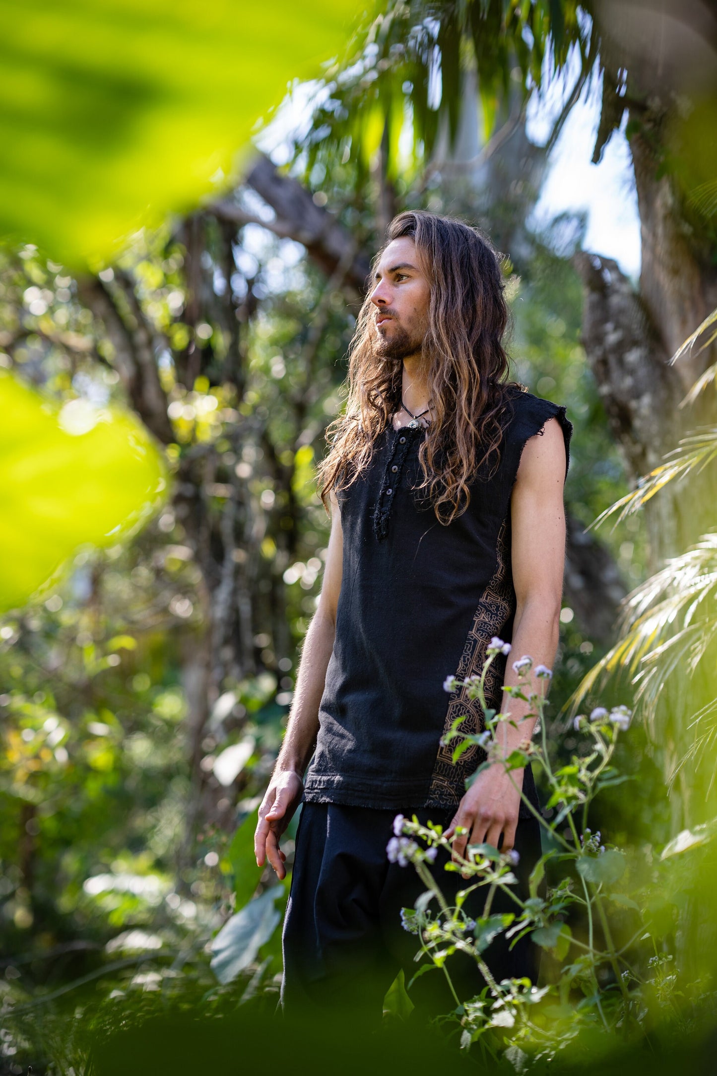 Neo SHIPIBO Black Mens Gypsy Sleeveless Earthy Top T Shirt, Open Neck Tank Tribal Jungle Primitive Festival Rave AJJAYA Nomadic Primitive