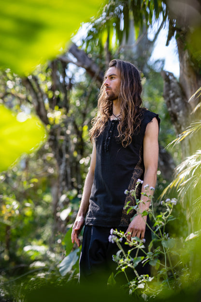 Neo SHIPIBO Black Mens Gypsy Sleeveless Earthy Top T Shirt, Open Neck Tank Tribal Jungle Primitive Festival Rave AJJAYA Nomadic Primitive