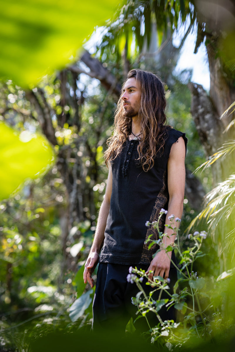 Neo SHIPIBO Black Mens Gypsy Sleeveless Earthy Top T Shirt, Open Neck Tank Tribal Jungle Primitive Festival Rave AJJAYA Nomadic Primitive