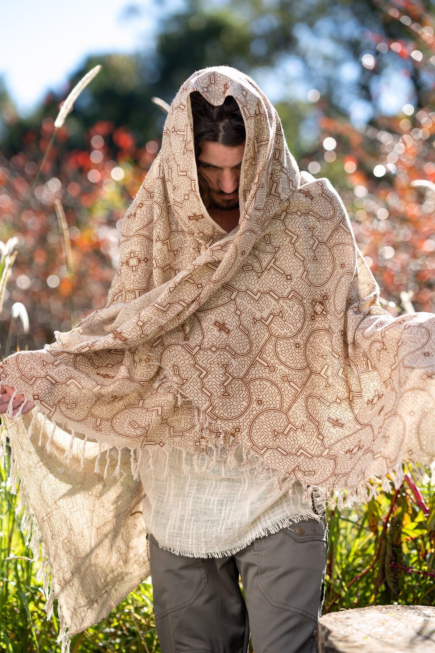 SHIPIBO Cotton Scarf Shawl Beige Sacred Pattern Festival Ritual Ceremony Shamanic Natural Ethnic Gypsy Boho Sarong Wrap Rave Shaman AJJAYA