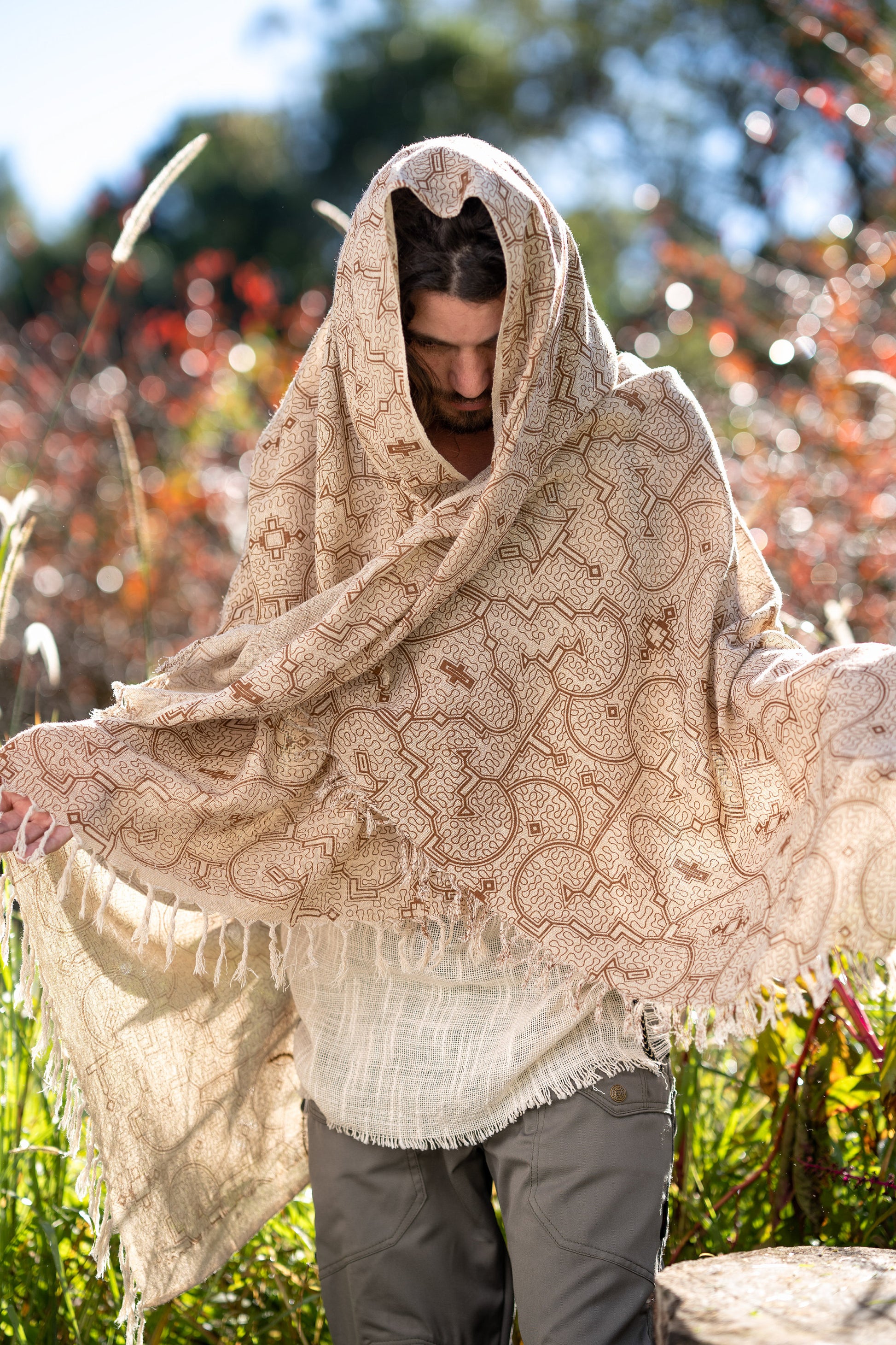 SHIPIBO Cotton Scarf Shawl Beige Sacred Pattern Festival Ritual Ceremony Shamanic Natural Ethnic Gypsy Boho Sarong Wrap Rave Shaman AJJAYA