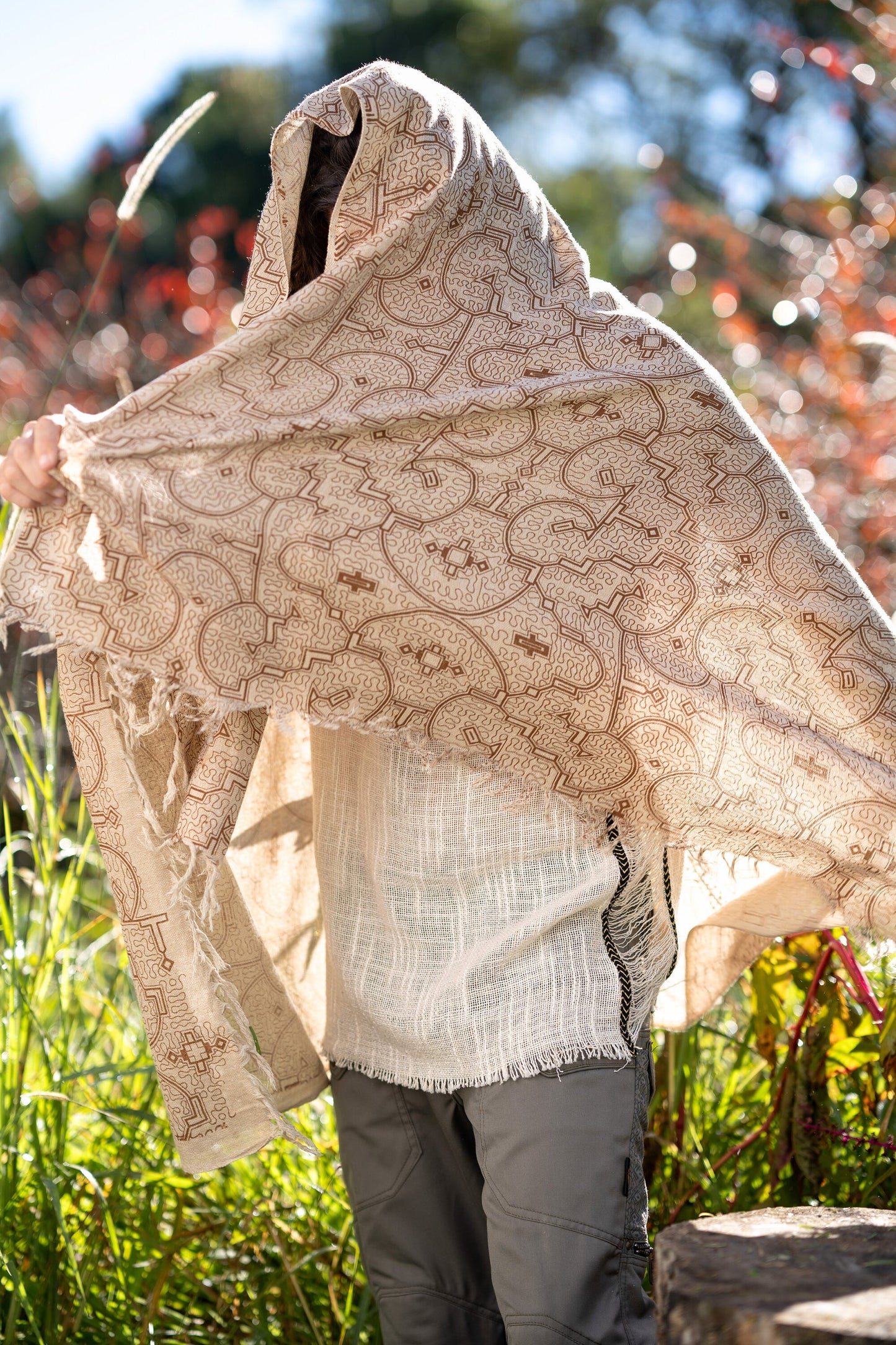 SHIPIBO Cotton Scarf Shawl Beige Sacred Pattern Festival Ritual Ceremony Shamanic Natural Ethnic Gypsy Boho Sarong Wrap Rave Shaman AJJAYA