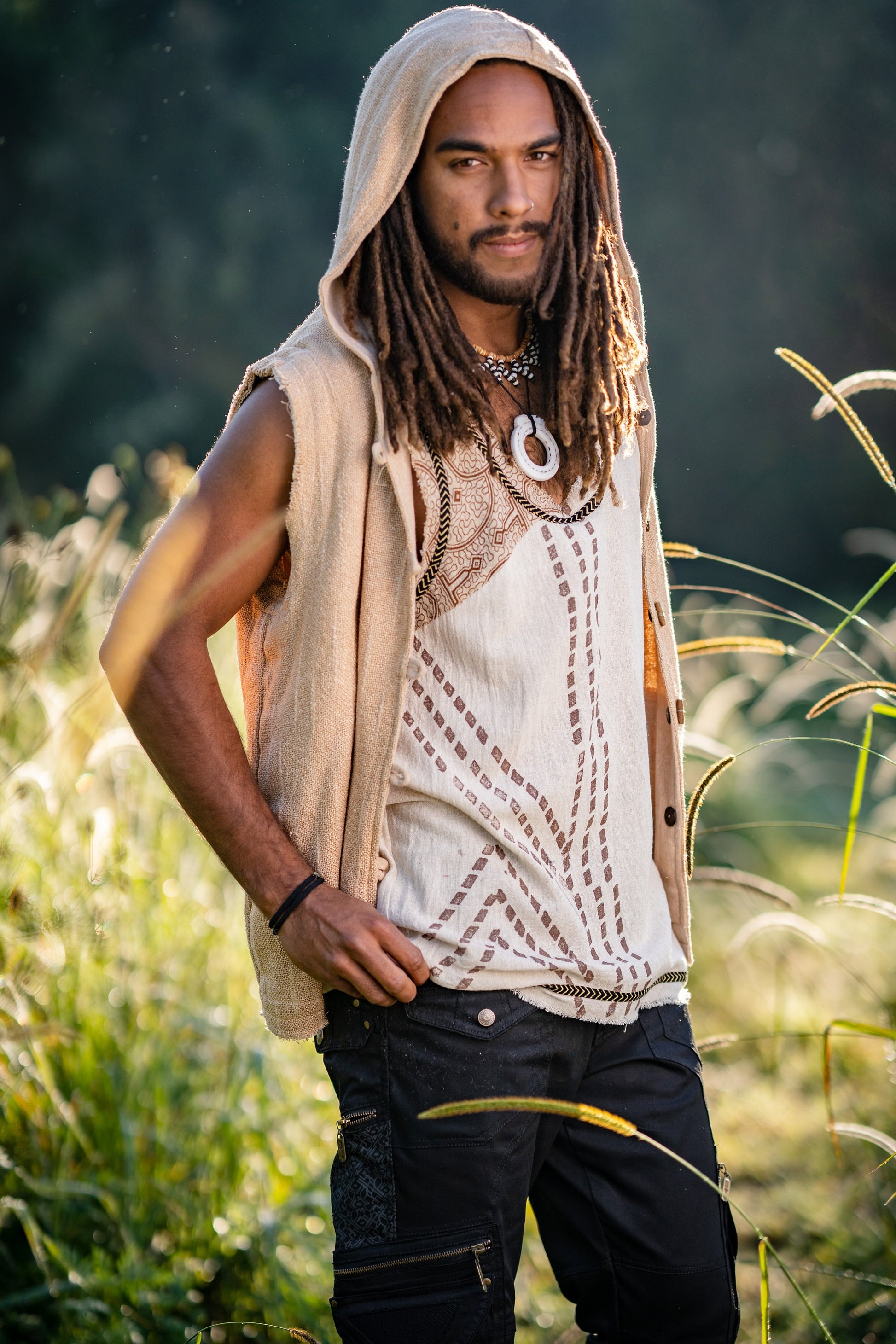 MUKTI Mens Beige Sleeveless Tank Top Shipibo and Block Print combo on cotton gypsy festival shirt ethnic eclectic Tribal breathable AJJAYA