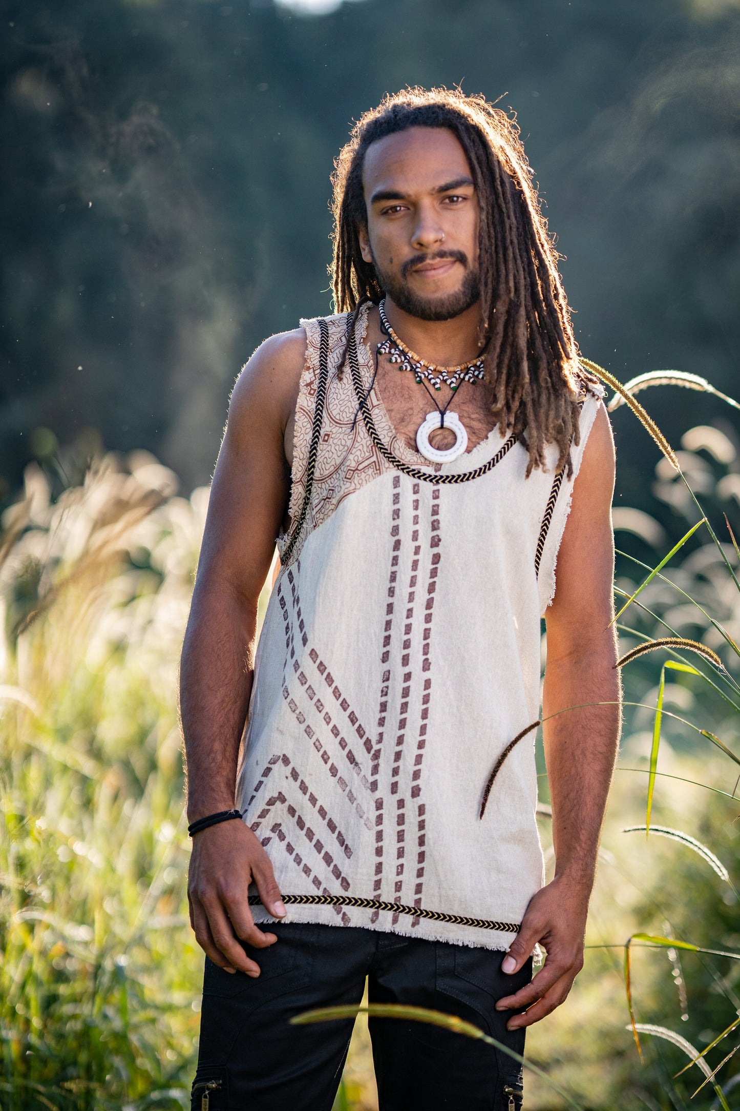 MUKTI Brown Mens Sleeveless Tank Top Shipibo and Block Print combo on cotton gypsy festival shirt ethnic eclectic Tribal breathable AJJAYA