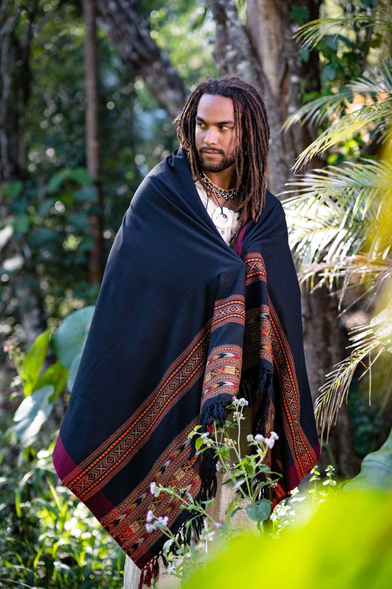 JHANA Meditation Prayer Shawl Blanket Cosy Grey Black Tibetan Tribal Celtic Embroidery Boho Zen AJJAYA